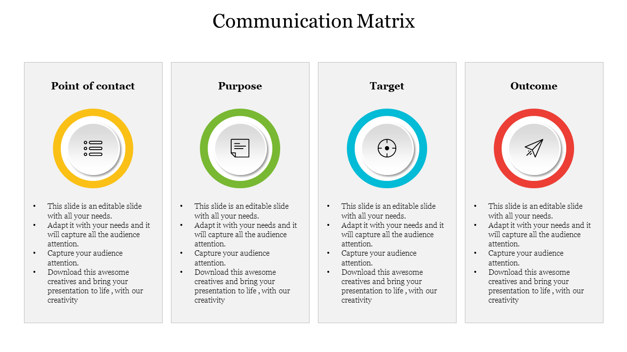 Communication matrix slide highlighting point of contact, purpose, target, and outcome with colorful circular icons.