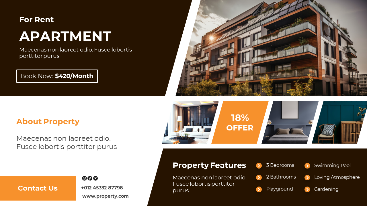 Apartment rental promotion showing an exterior view of the building, pricing details, 18% discount, and displaying amenities.