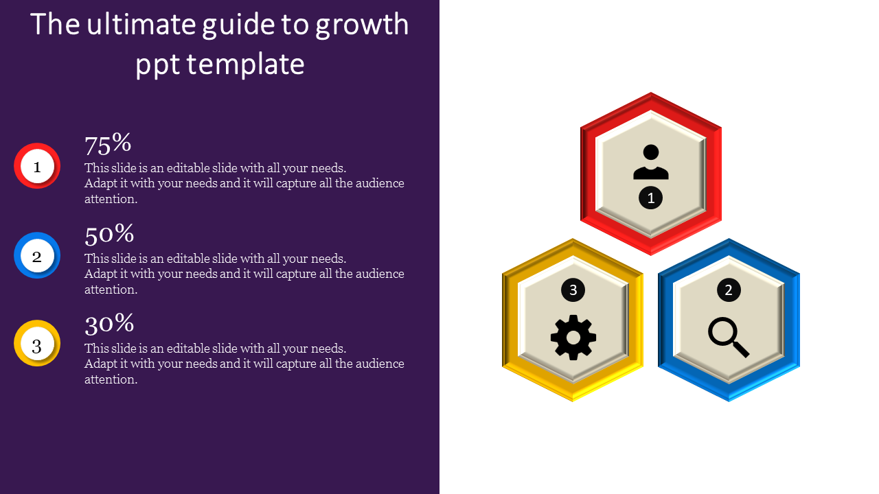 Growth themed slide showing hexagonal icons with numbers 1, 2, and 3 and symbols for profile, search, and process settings.