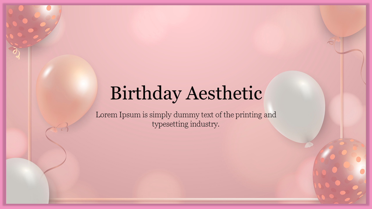 Light pink background with floating balloons in gold and silver, surrounded by a subtle frame for a birthday themed design.