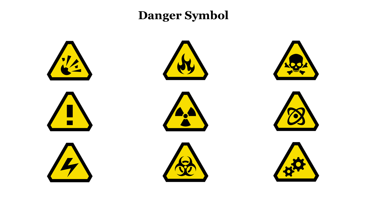 A set of hazard symbols in yellow triangles, including icons for explosions, fire, skull, and toxic substances.