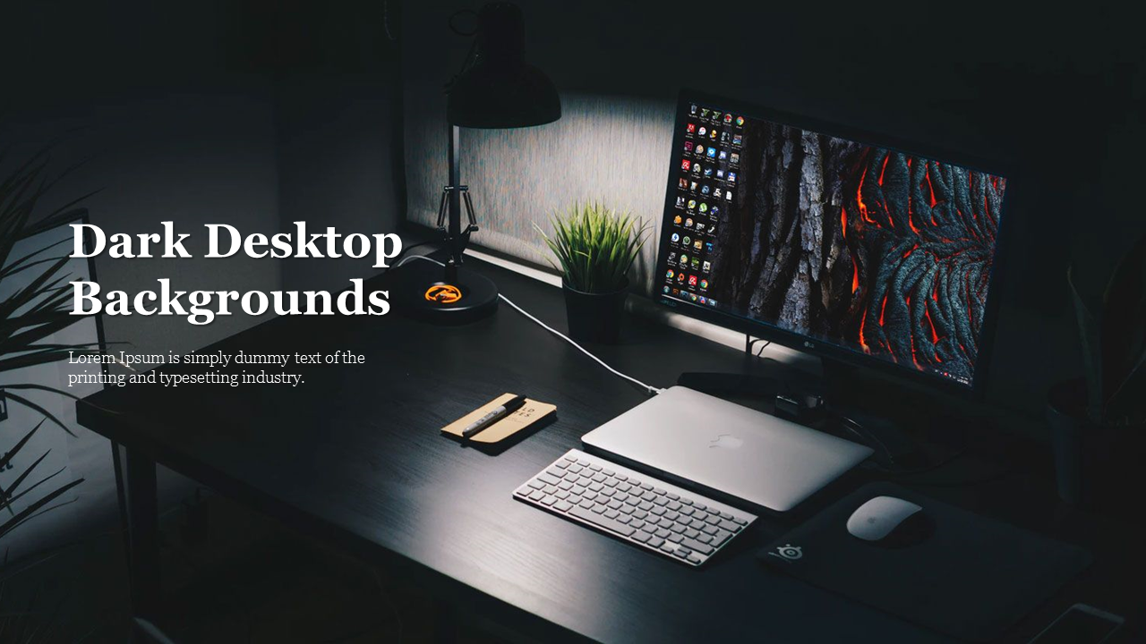 Dark desktop background slide featuring a stylish workspace with a computer and plant with placeholder text.