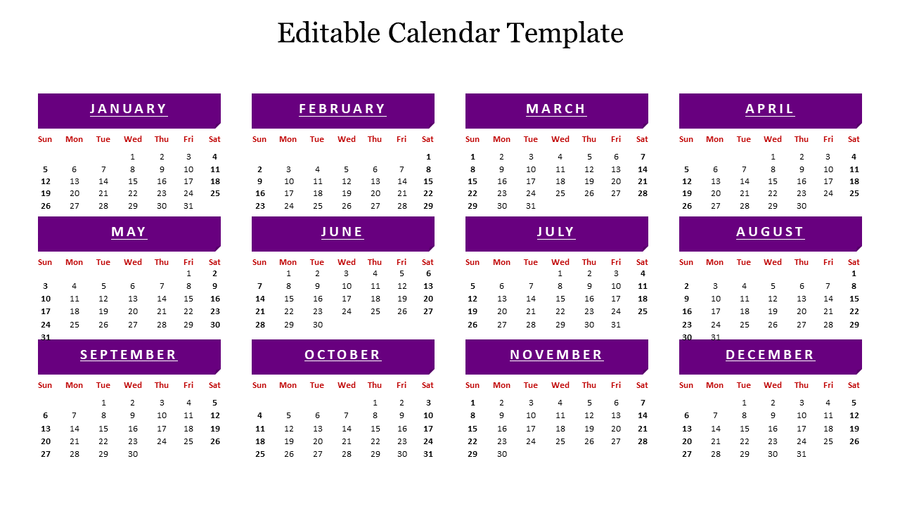 12 month calendar grid with purple headers for each month, arranged in three rows, showing days of the week and dates.