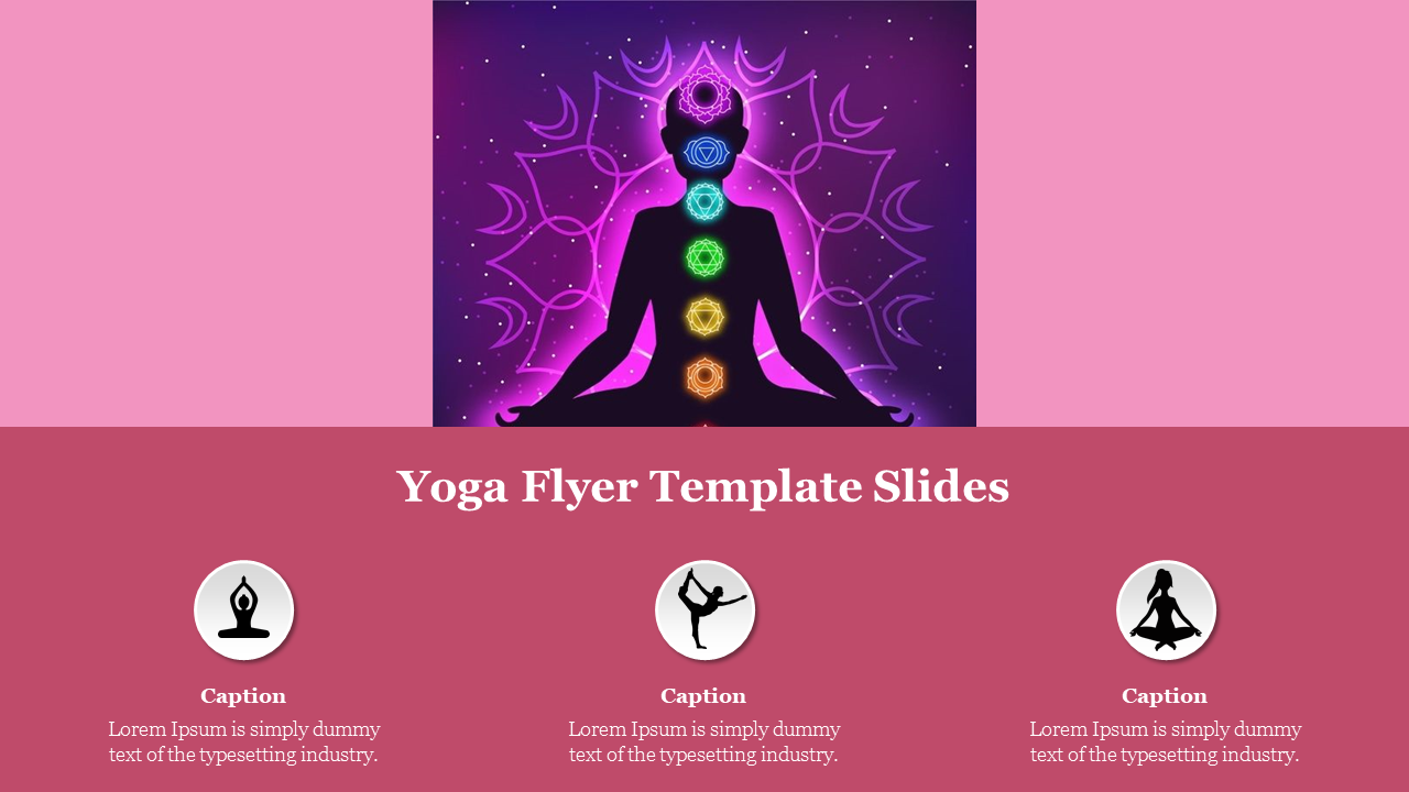 Yoga themed slide with a silhouette and chakra symbols on a purple background, and icons with captions on a red panel below.