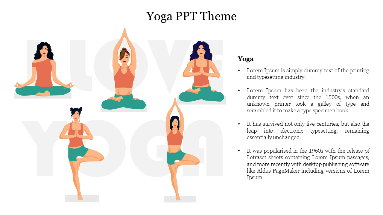 Slide design with yoga themed illustrations of women in different poses, with text next to the images.