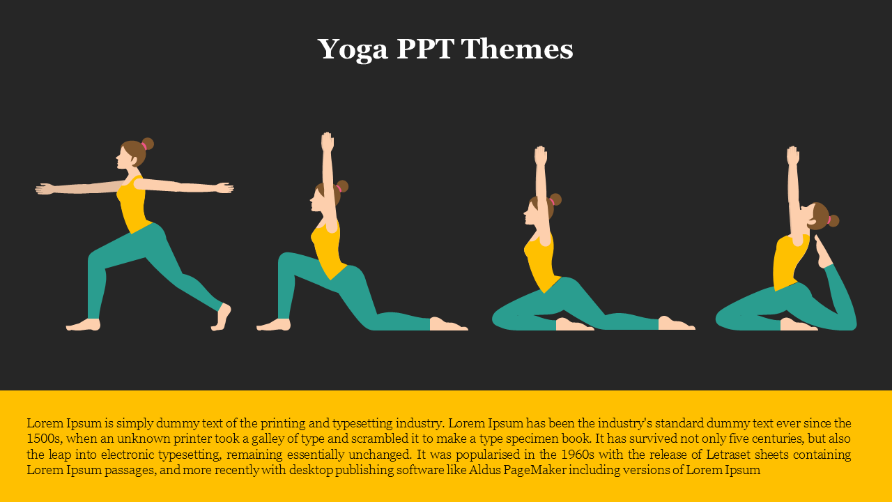 Yoga themed PowerPoint slide showing four different yoga poses with a yellow and black color scheme.