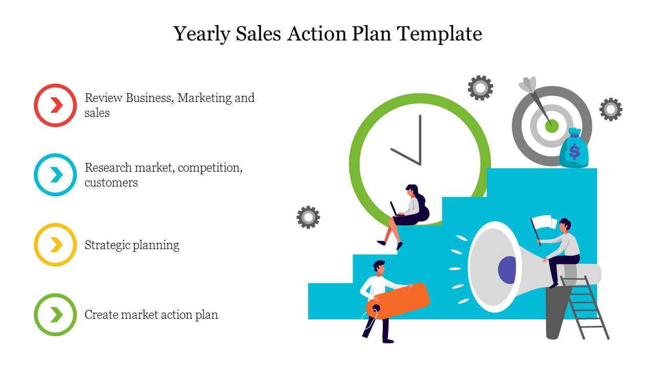 Illustrations of people working, climbing stairs, and aiming at a target Yearly sales action plan steps with four captions.