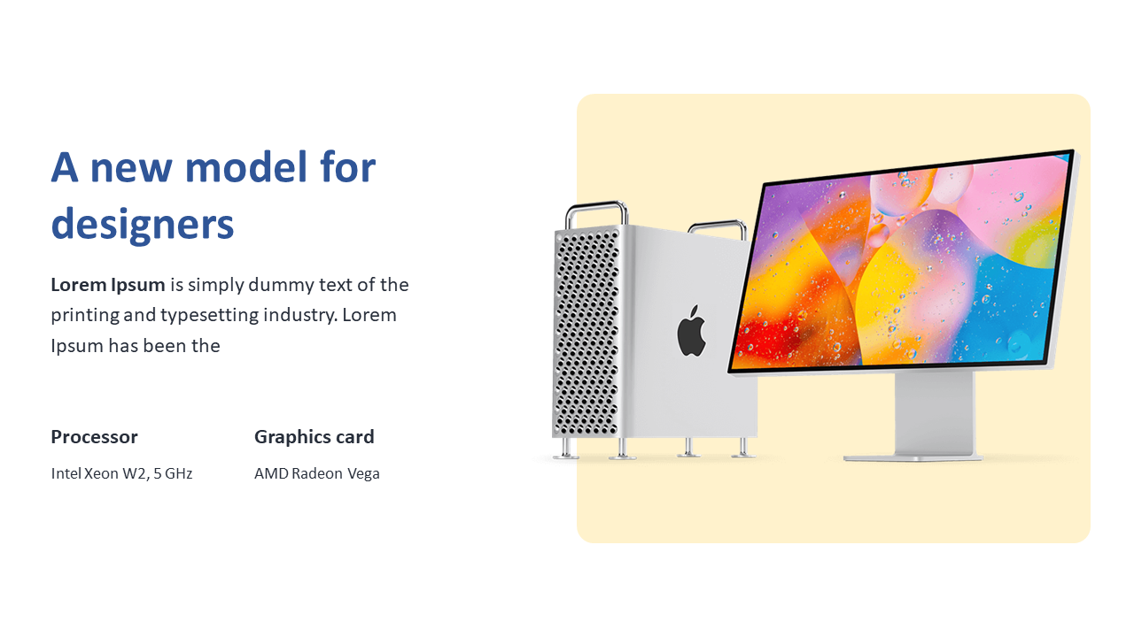 Slide featuring an Apple computer with a colorful monitor, along text with processor and graphics card specs for designers.