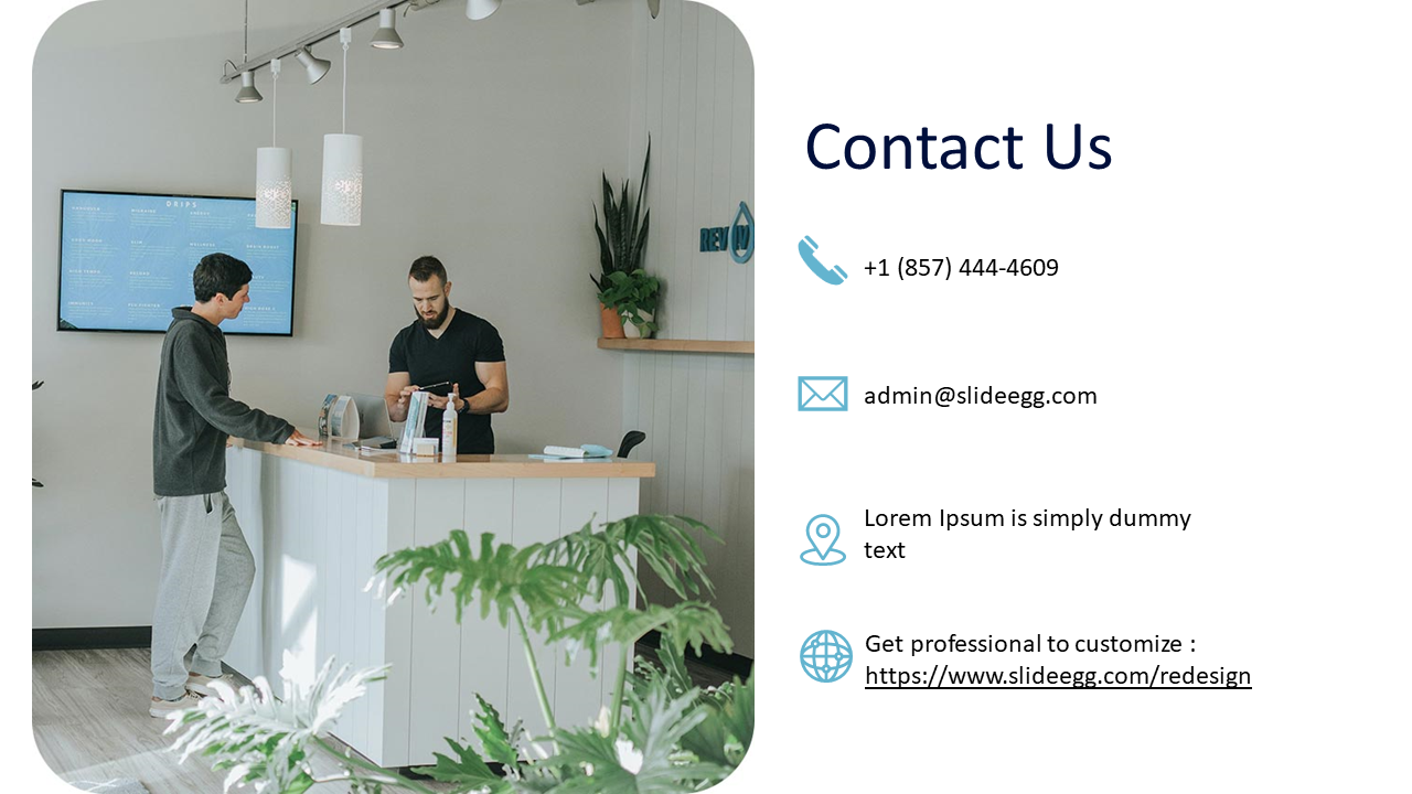 Contact PPT slide with contact information with a photo of two people at a counter, featuring phone, email, and details.