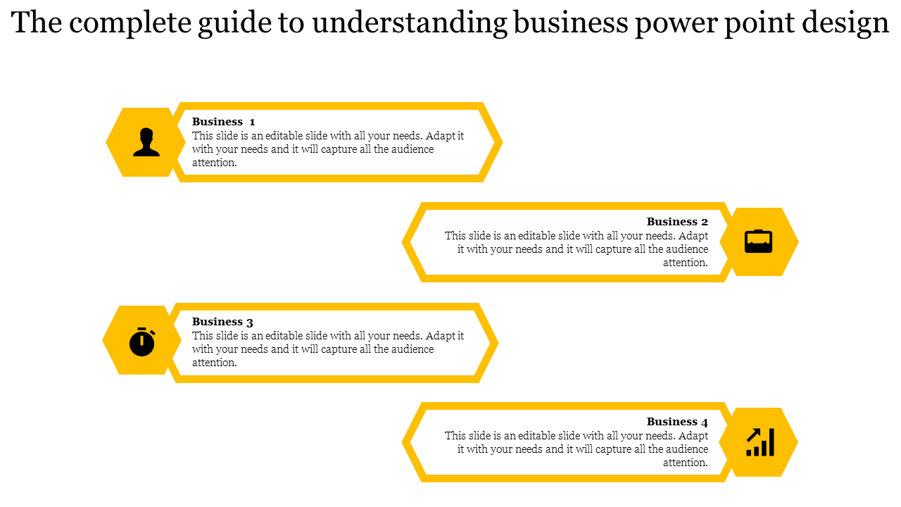 Business development presentation slide with four business related steps and icons with placeholder text.