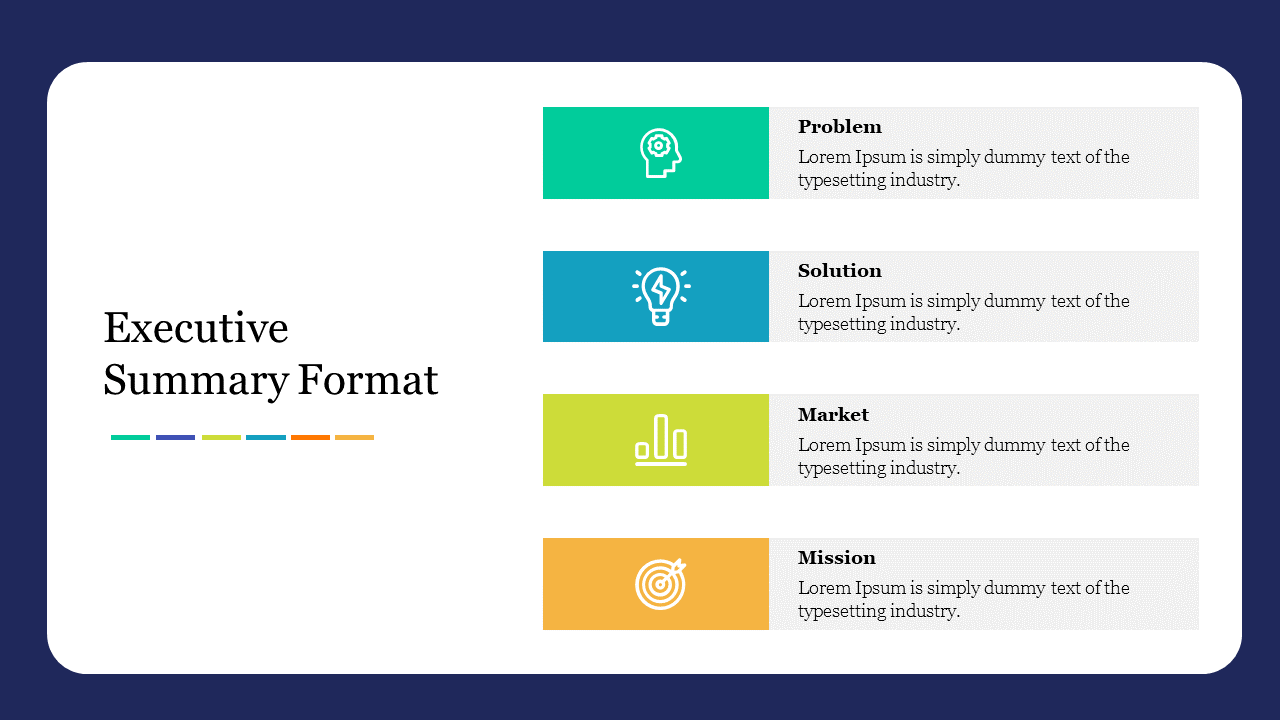 Executive summary format slide with sections for problem, solution, market, and mission, each with icons and brief text.