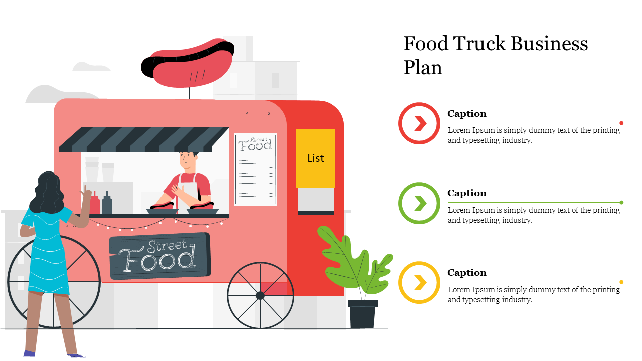 Illustration of a red food truck with a vendor serving a customer, and three colored captions on the right.