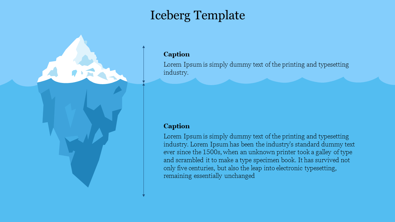 Slide showcasing an iceberg illustration with two sections for captions above and below the waterline on a blue backdrop.