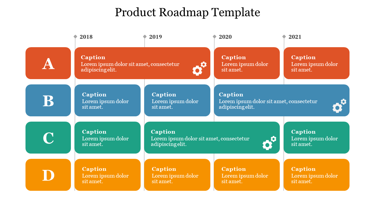 Product roadmap template with four rows labeled A to D and yearly columns from 2018 to 2021.