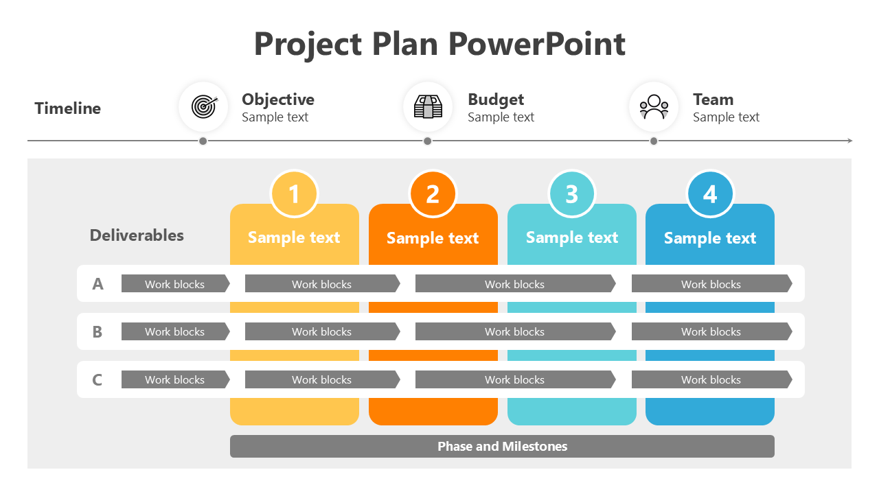 Project Plan slide featuring icons for objectives, budget, and team, with colorful deliverable blocks aligned in rows.