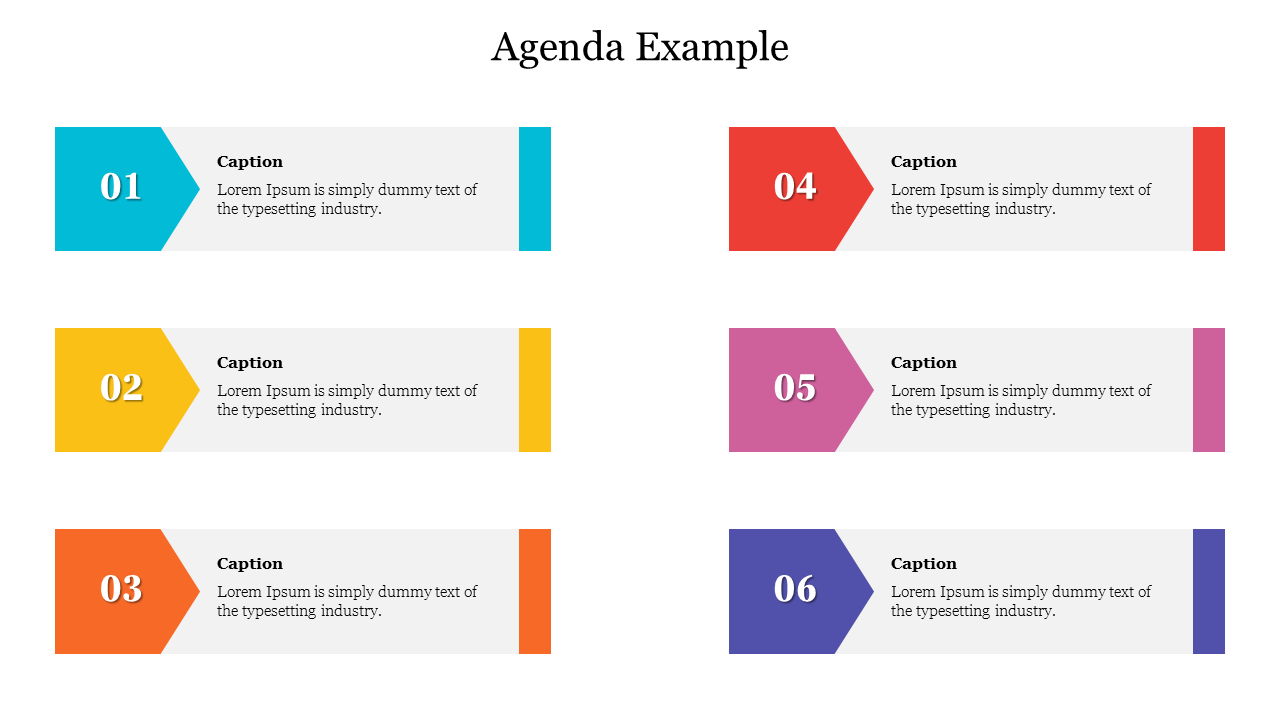 PowerPoint slide showing a colorful agenda with six numbered sections, each with a caption on a white backdrop.