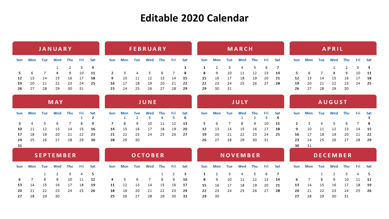 2020 calendar with red month headers and blue accents, arranged in a grid style structured layout.