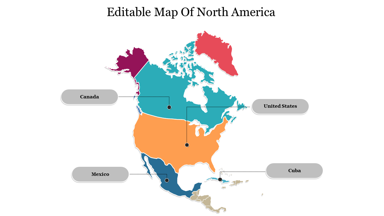 Map of north america slide showing canada, the united states, mexico, and cuba, with colored sections and label boxes.