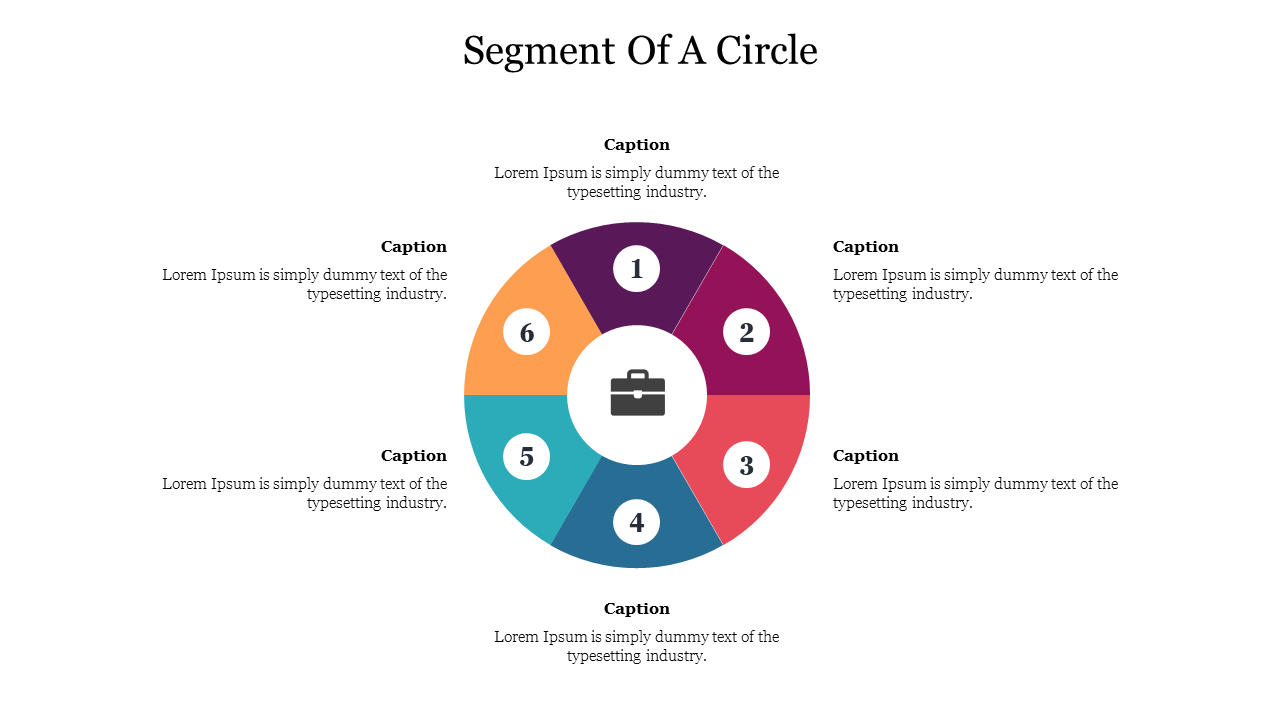 Circular diagram with six colorful segments, labeled with numbers and a central icon of a briefcase, surrounded by captions.