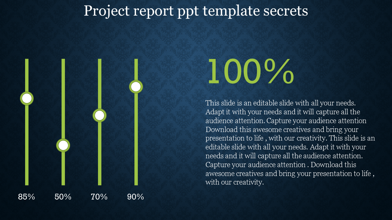 Project report template featuring a stylish design with percentage indicators for progress evaluation on a dark blue theme.