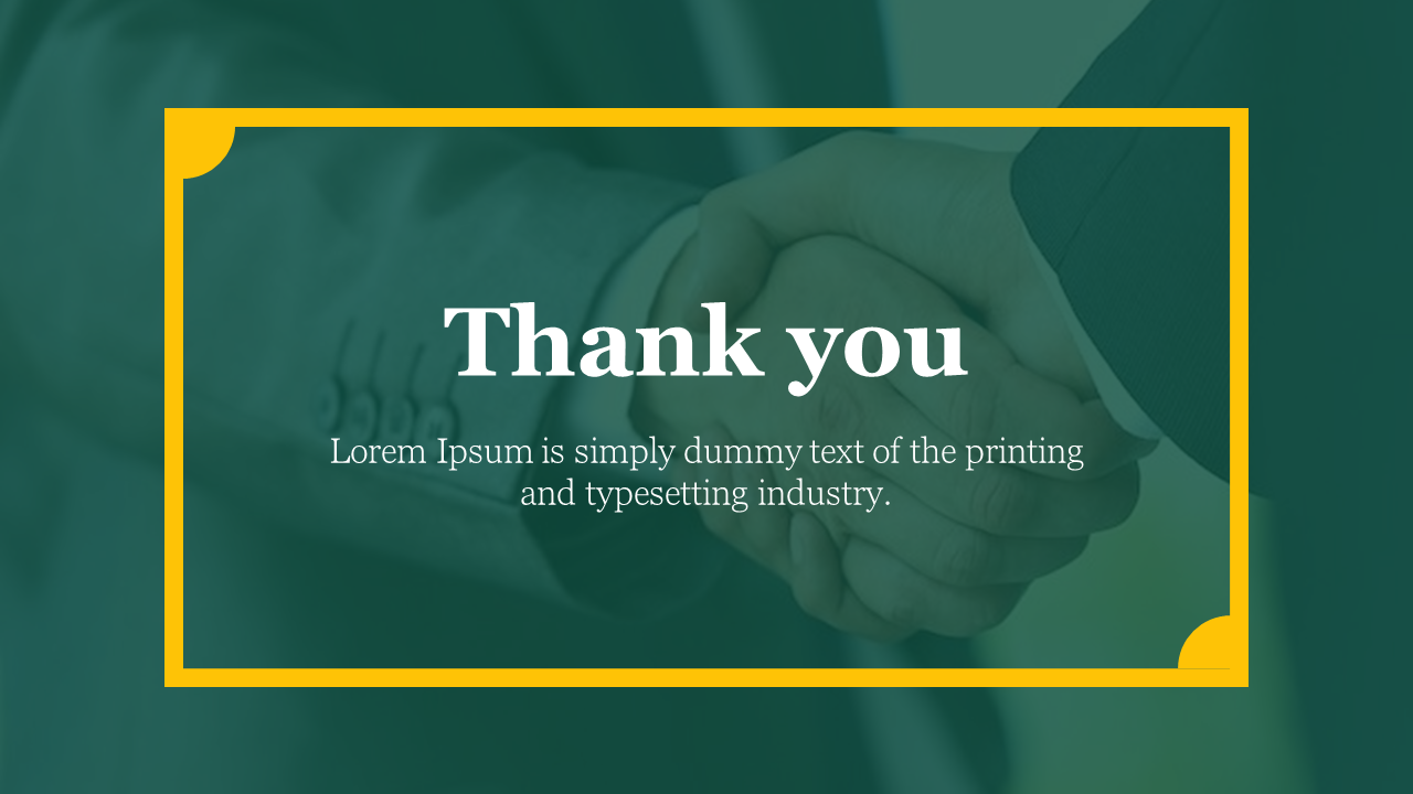 A thank you slide with a blurred handshake image and yellow corner accents and a title text at the center.