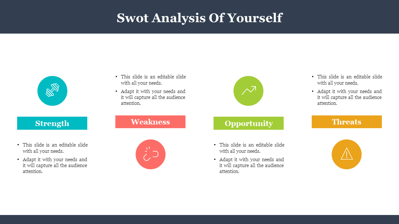 SWOT analysis slide featuring sections for strengths, weaknesses, opportunities, and threats with icons and text area.