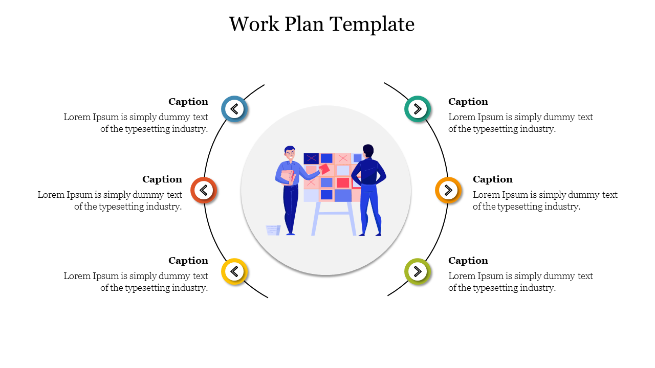 Work plan slide featuring a central illustration of two people organizing tasks on a board with captions around them.