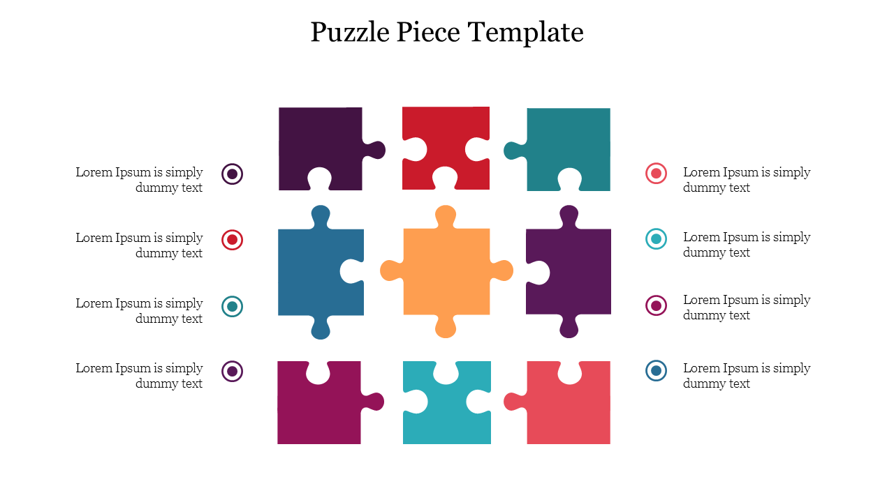 A colorful puzzle piece slide featuring interlocking pieces, with space for text in each section.