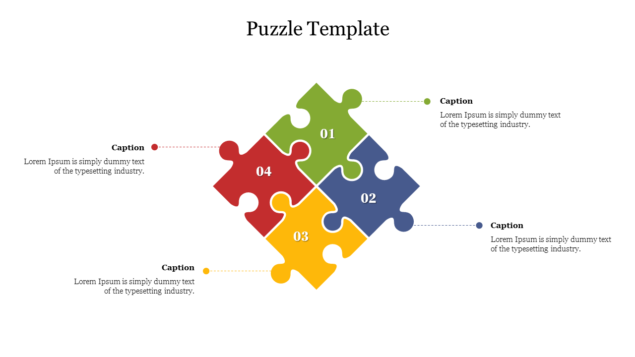 Slide with a colorful puzzle layout, featuring four numbered pieces in red, blue, yellow, and red, each with a caption.