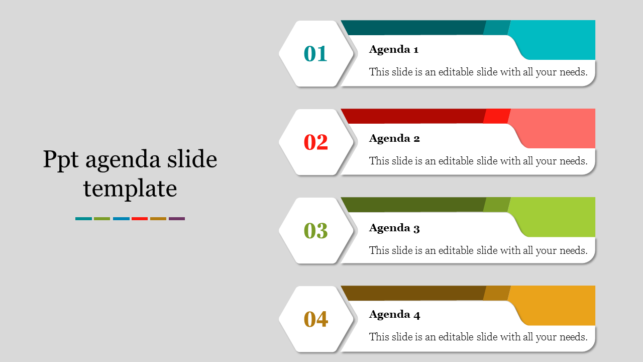 Slide showcasing an agenda with four sections, each labeled and color coded placeholder text.