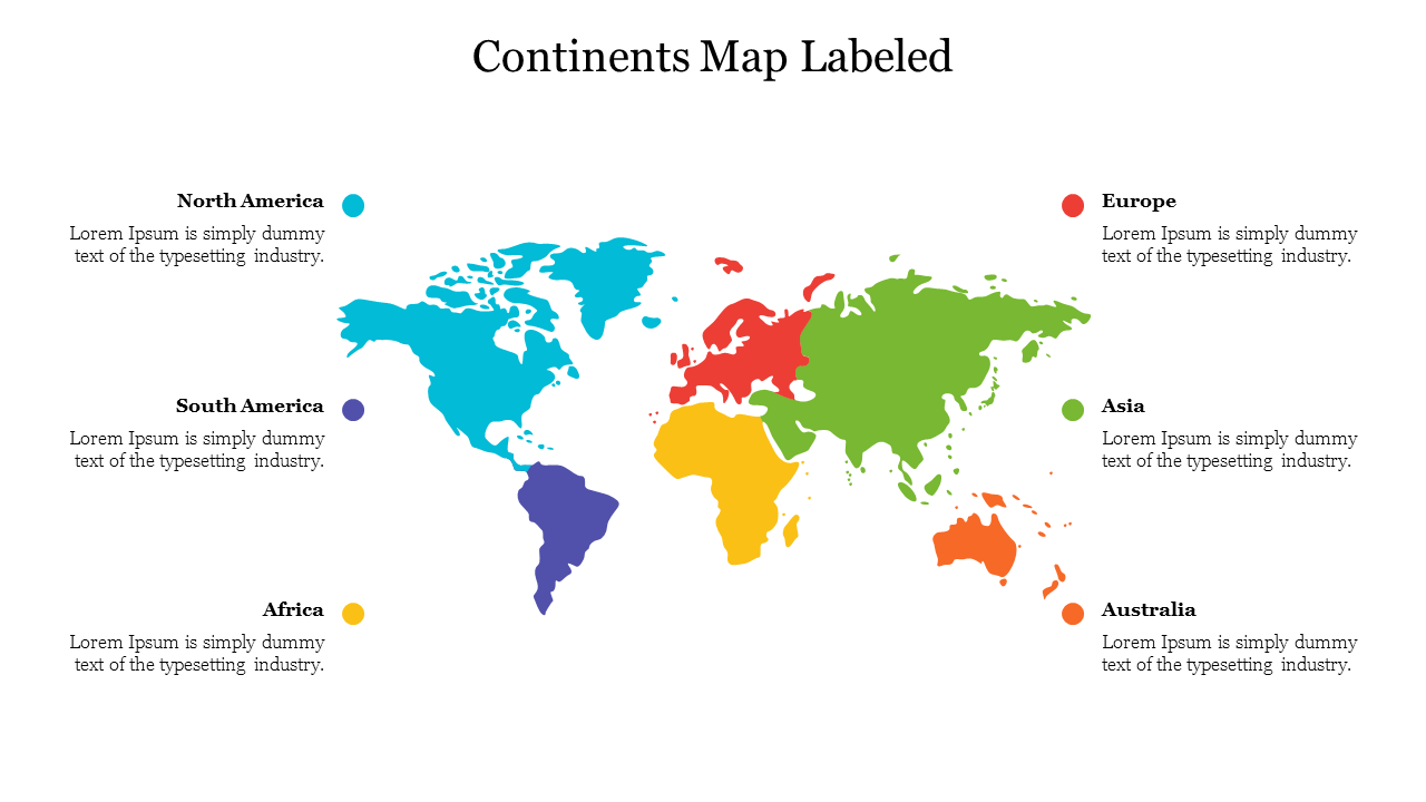 World map with continents in different colors, labeled North America, South America, Europe, Africa, Asia, and Australia.