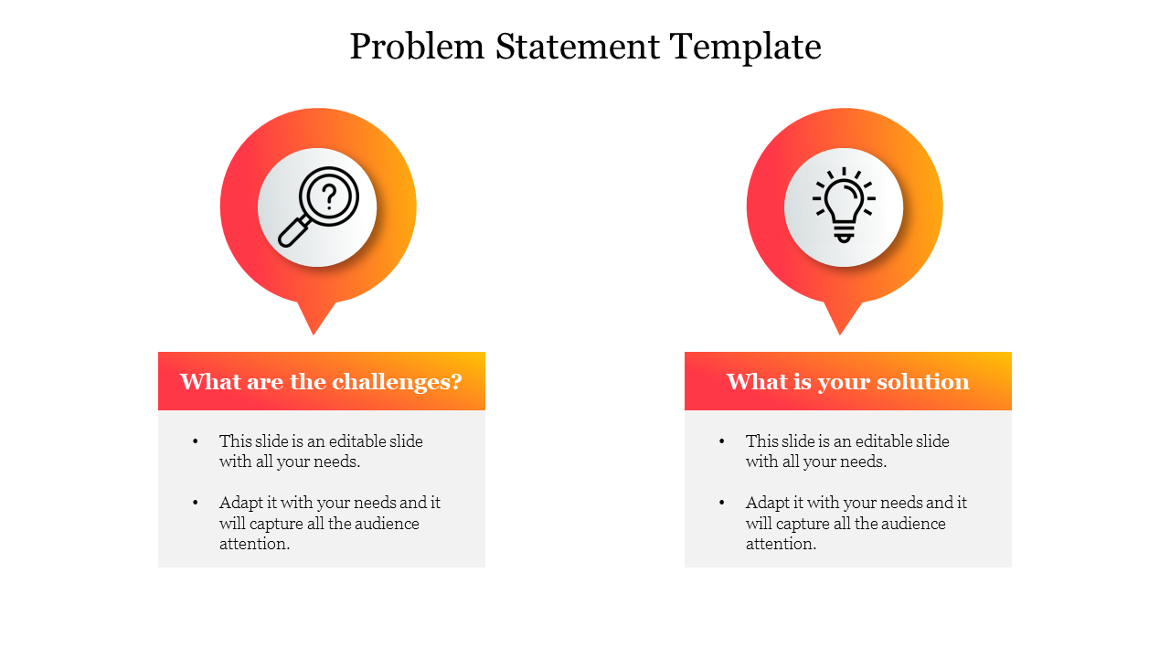 Problem statement slide with two sections challenges on the left and solutions on the right with icons and text boxes.