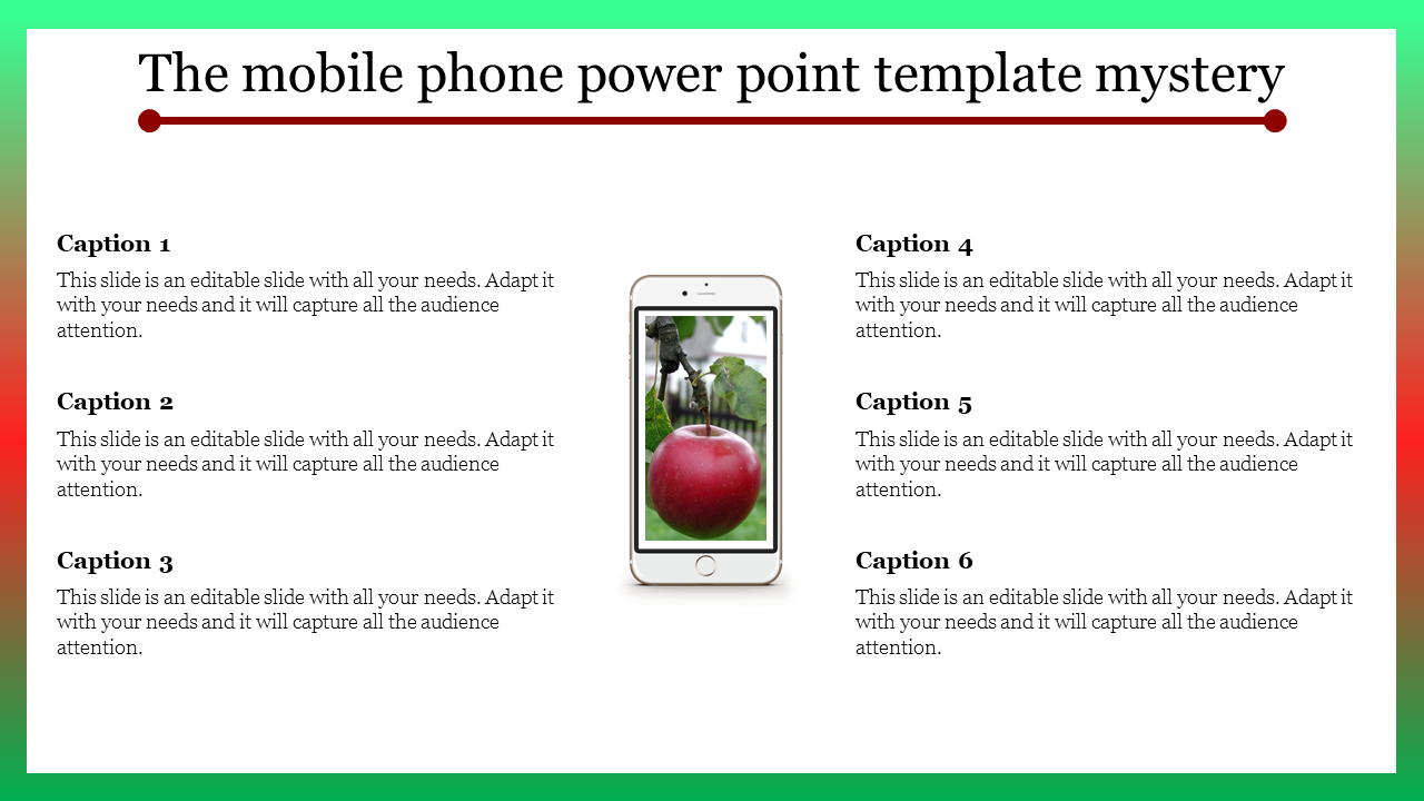 Mobile phone graphic in the center displaying a red apple, surrounded by six captions on a white background.