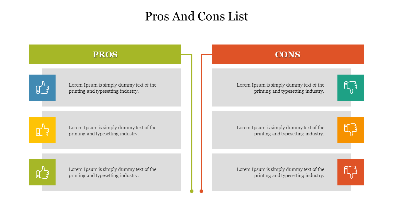 A slide for pros and cons list with each item having a colored box, an icon for thumbs up or down each with caption areas.