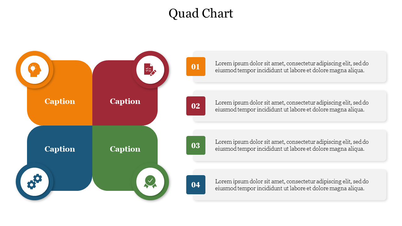 Quad chart PowerPoint slide featuring four sections for analysis with colorful icons and captions with placeholder text.