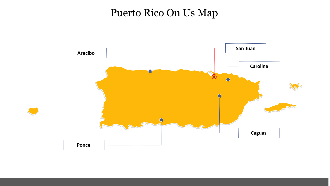 Yellow map of Puerto Rico with five labeled points in blue and red, connected by lines to labels for major cities.