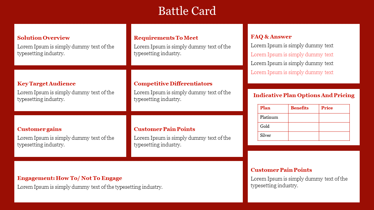 A grid of white boxes containing text on a red background, including sections for solutions, and pricing.