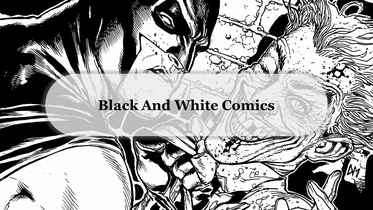 A dramatic illustration of characters from black and white comics, featuring intense expressions and dynamic action overlaid.