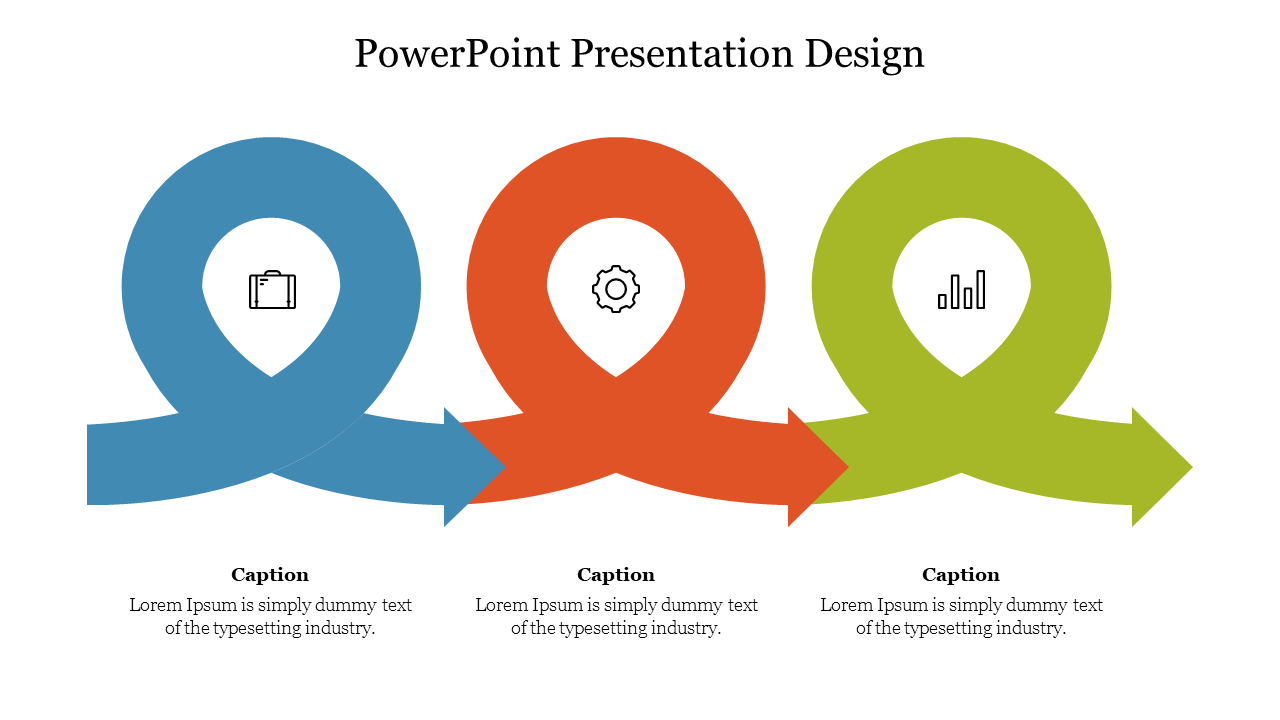 Business infographic with three ribbon-shaped arrows in blue, orange, and green, each containing a symbol.