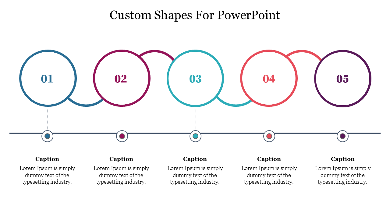 Infographic of five colored connected circular steps in a horizontal line, displaying numbered steps with captions below.