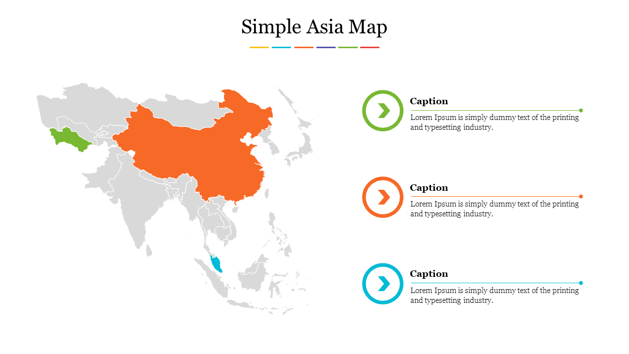 Simple Asia map slide highlighting countries in orange, green, and blue with captioned text blocks on the right.