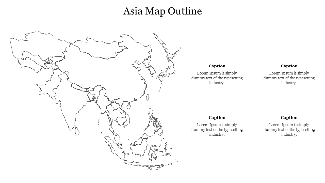 Outline a map of Asia with four text boxes for captions to highlight specific regions or data points.