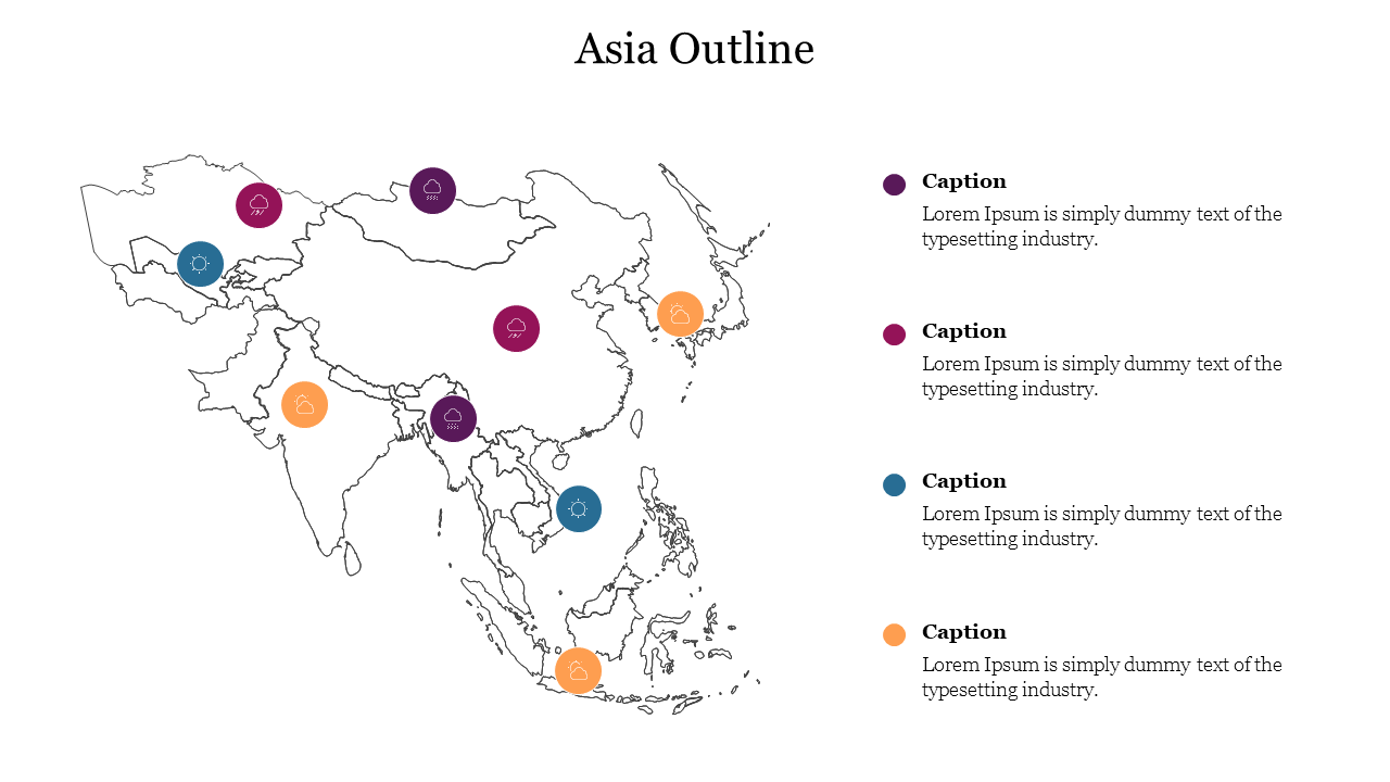 Asia map outline with colorful weather icons and four caption points in purple, pink, teal, and orange on the right.