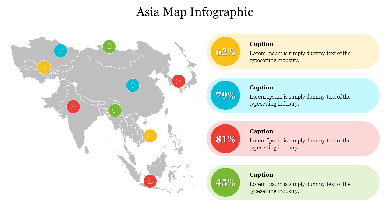 Asia map infographic with colored location markers and four percentage-based caption areas on the right.