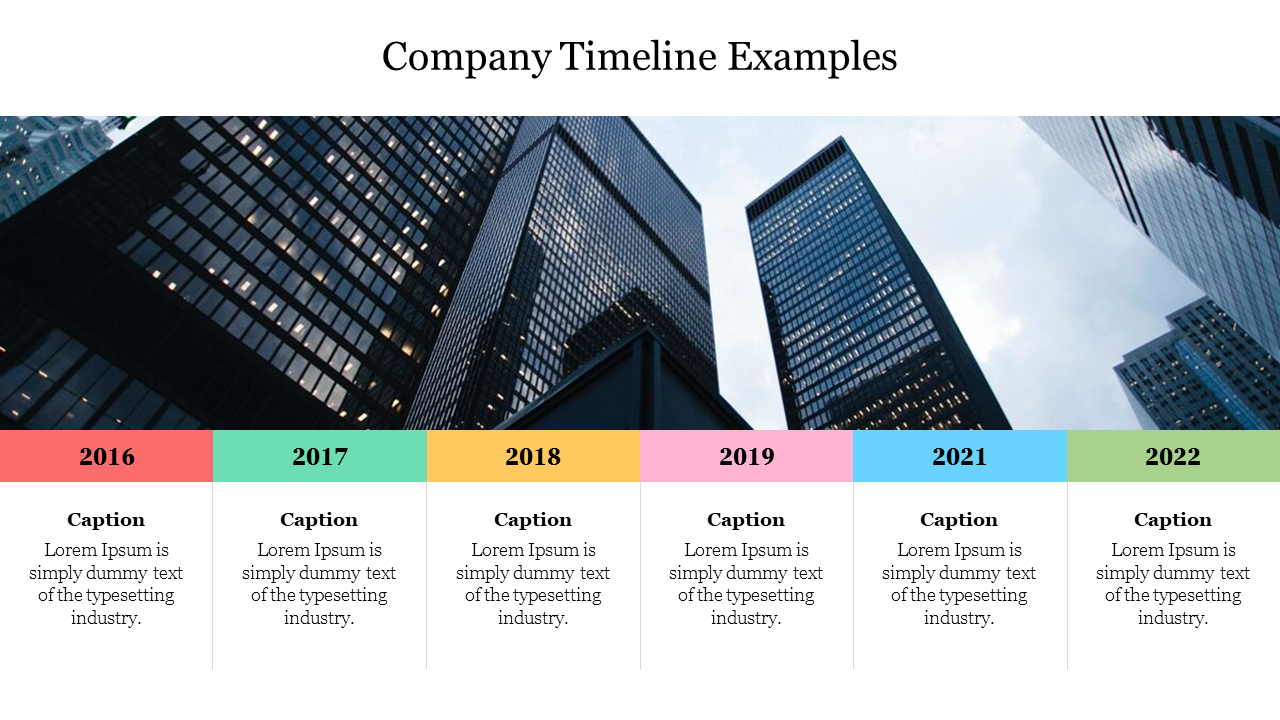 Company timeline for 2016 to 2022 with colorful year sections, each containing a caption and a city skyline background.