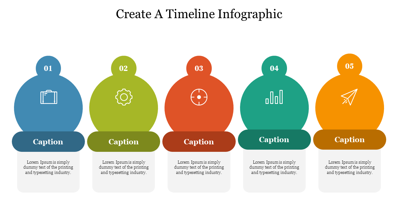 Timeline infographic template with five steps, each represented by a colored circle with icons, and space for captions.