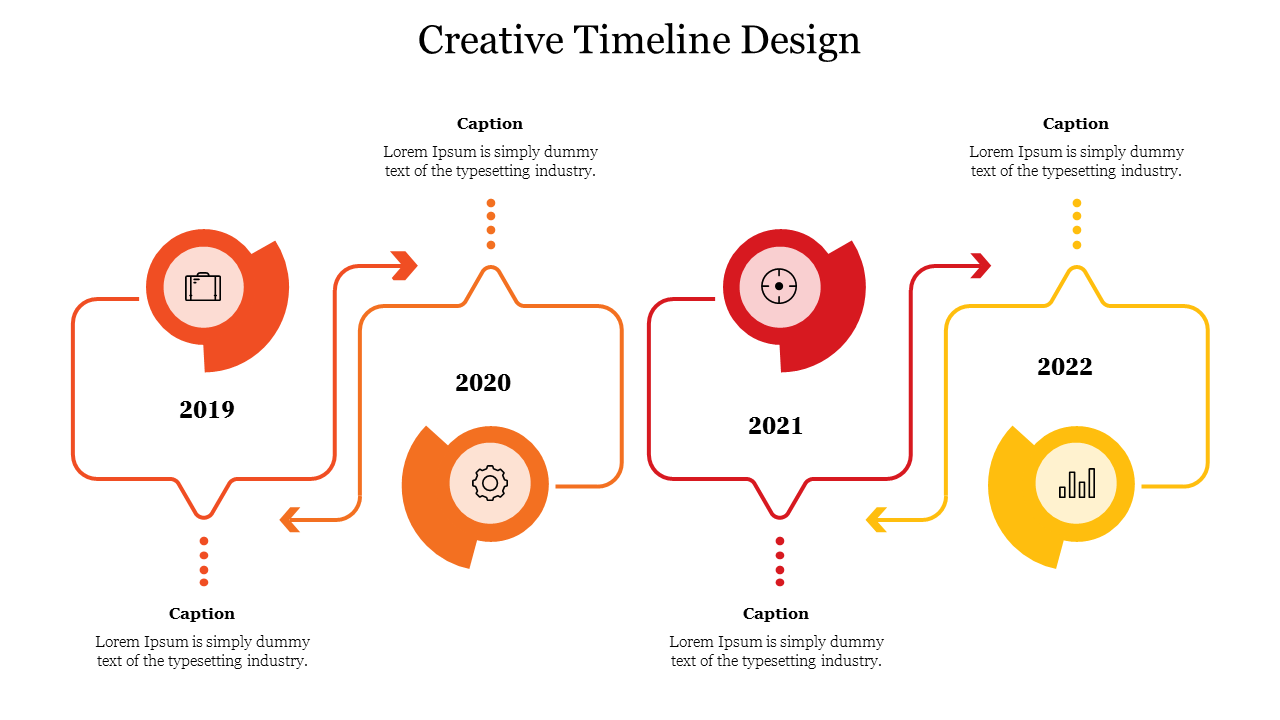 Creative timeline slide design from 2019 to 2022, featuring icons and curved arrows connecting in a vibrant color scheme.