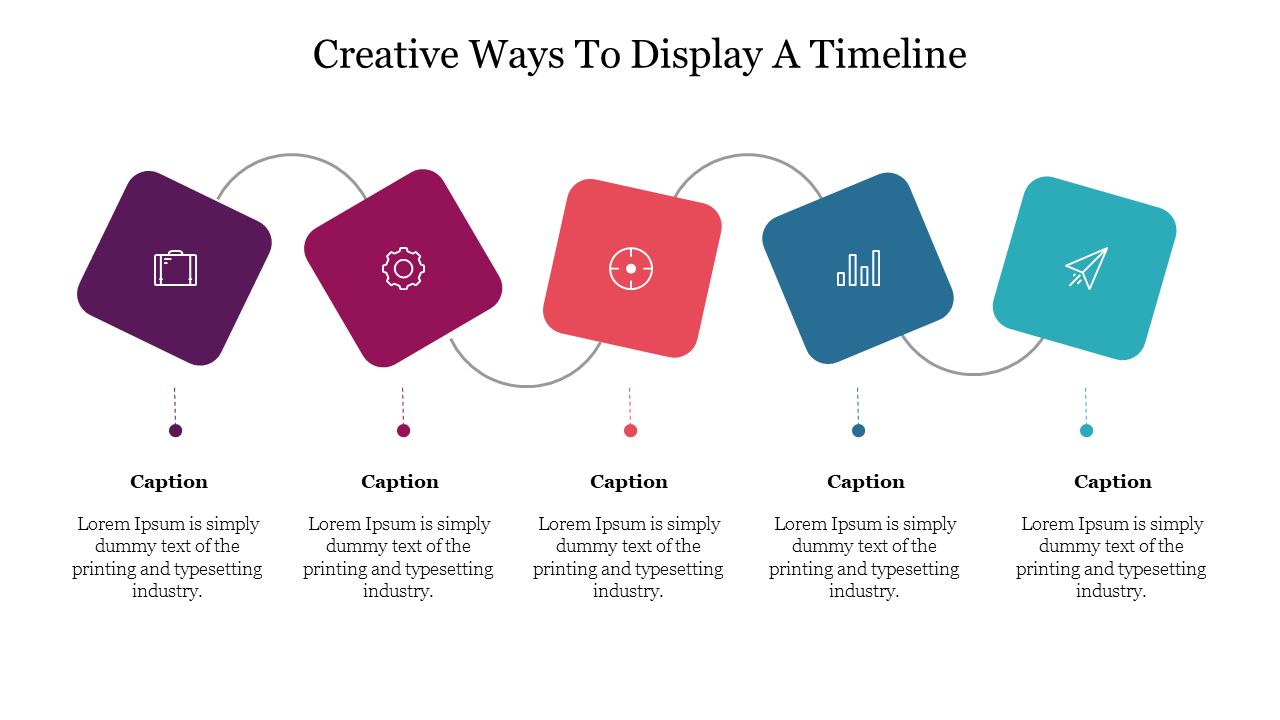 Creative timeline PowerPoint slide featuring colorful icons and captions with placeholder text.