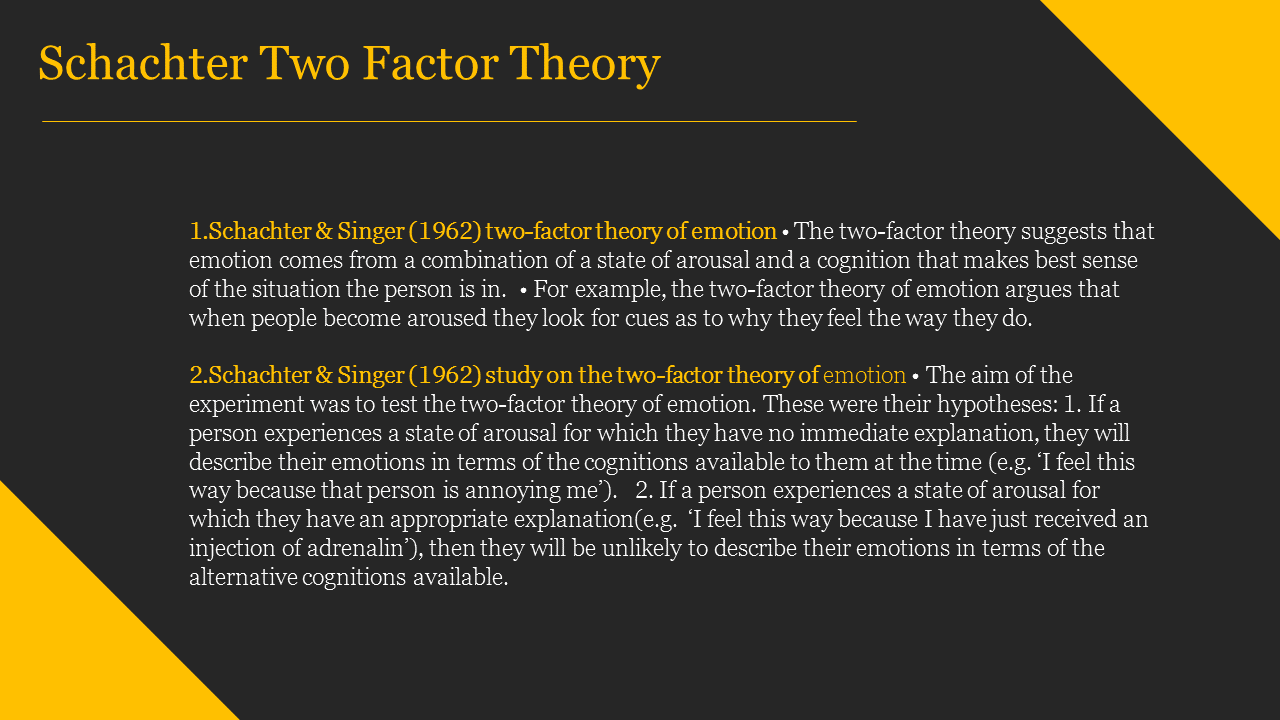 Dark slide with yellow accents and text discussing Schachter's two factor theory of emotion.