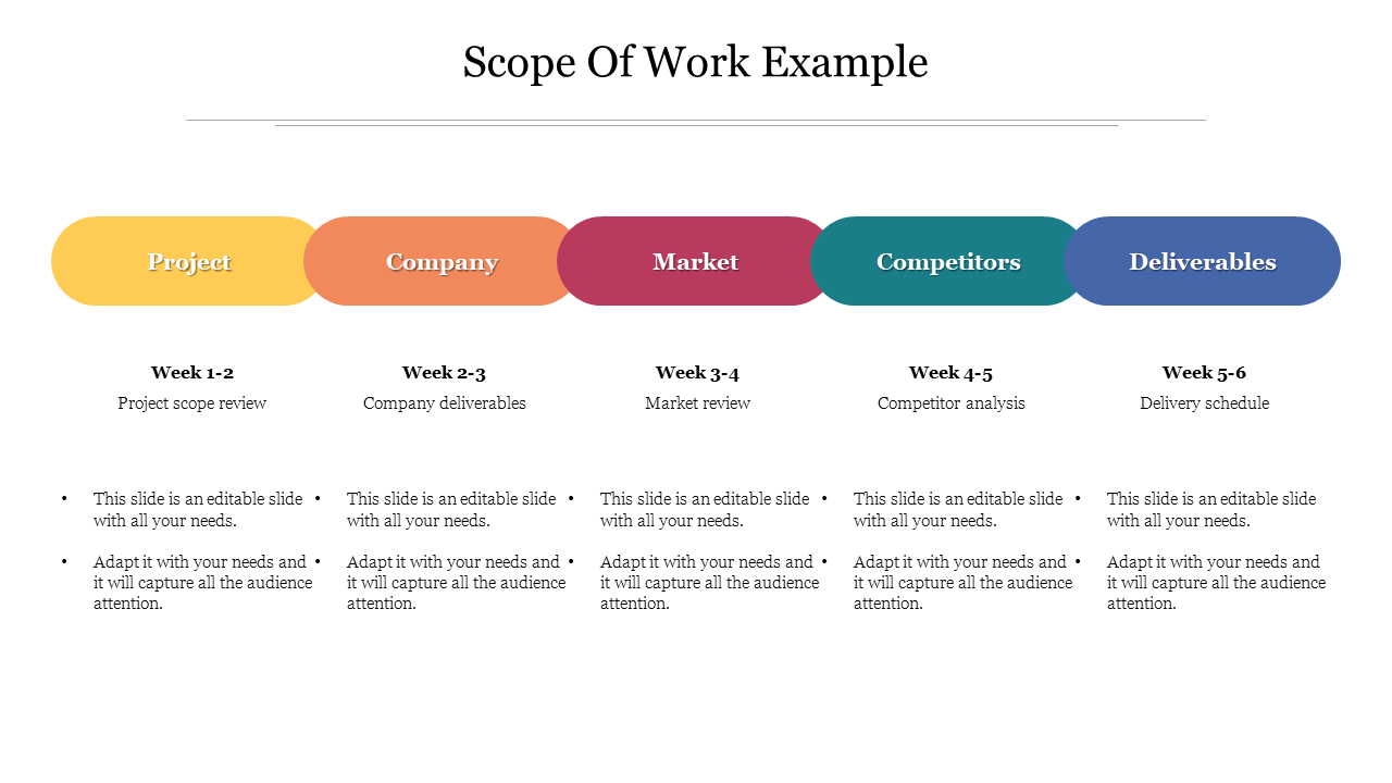 Scope of work slide with five colorful interconnected sections each with bullet points caption area on a white background.